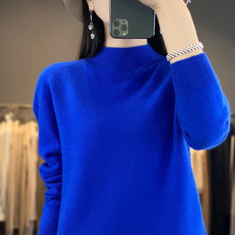 Wool Sweater Women's Loose Half Turtleneck Pullover Simple Top