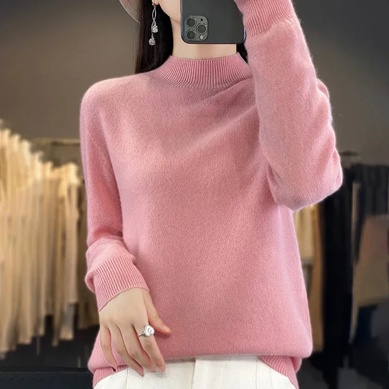 Wool Sweater Women's Loose Half Turtleneck Pullover Simple Top