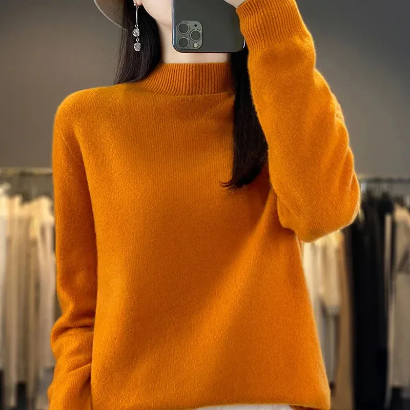 Wool Sweater Women's Loose Half Turtleneck Pullover Simple Top