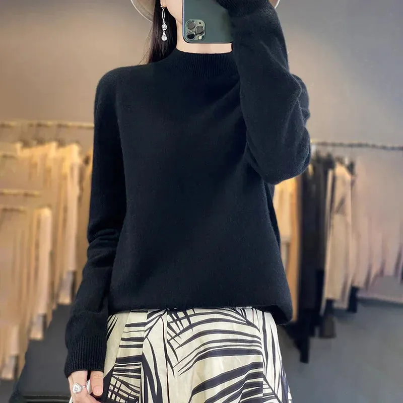 Wool Sweater Women's Loose Half Turtleneck Pullover Simple Top