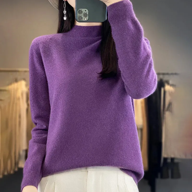 Wool Sweater Women's Loose Half Turtleneck Pullover Simple Top