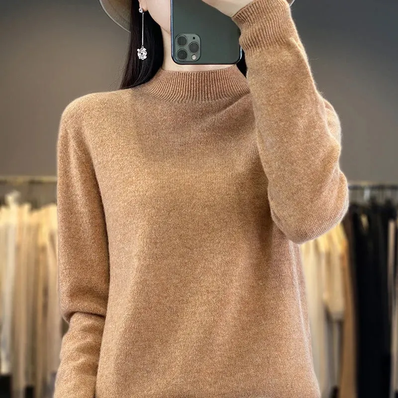 Wool Sweater Women's Loose Half Turtleneck Pullover Simple Top