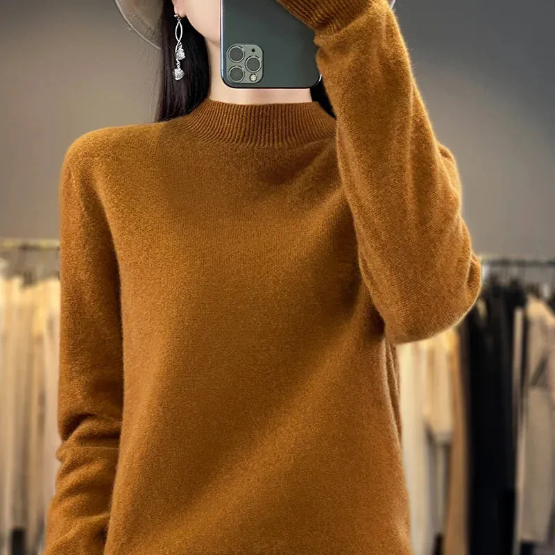Wool Sweater Women's Loose Half Turtleneck Pullover Simple Top