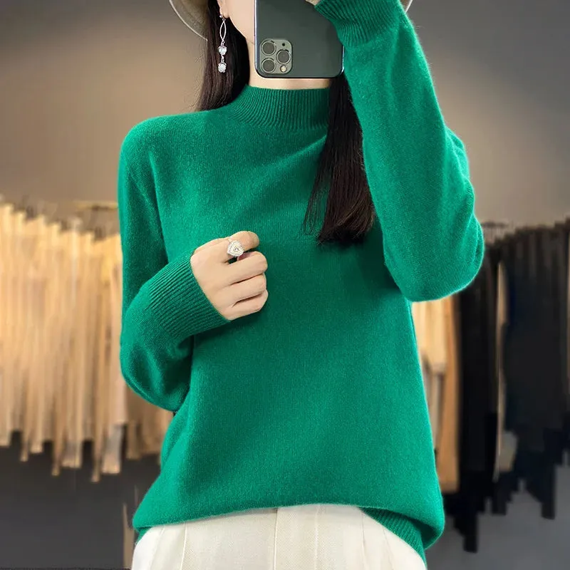 Wool Sweater Women's Loose Half Turtleneck Pullover Simple Top