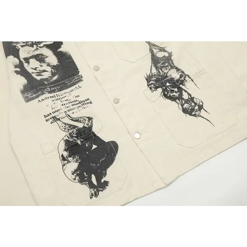Y2K Retro Devil Graphic Jacket with Stand Collar and Button Closure