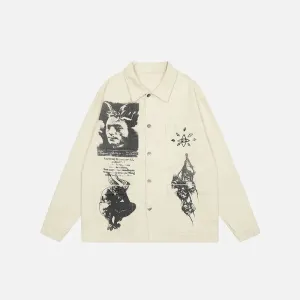 Y2K Retro Devil Graphic Jacket with Stand Collar and Button Closure